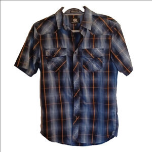 ROCK & REPUBLIC, MENS SHORT SLEEVE BLUE PLAID, SIZE SMALL.